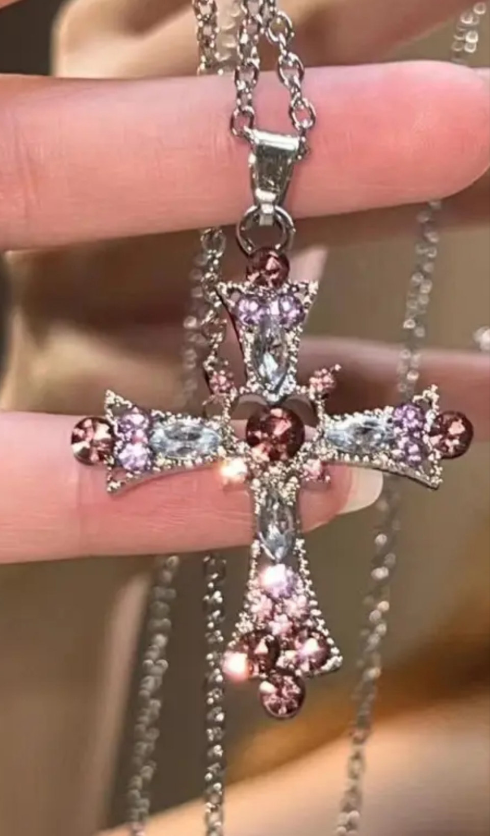Pink and Silver Cross with Chain.