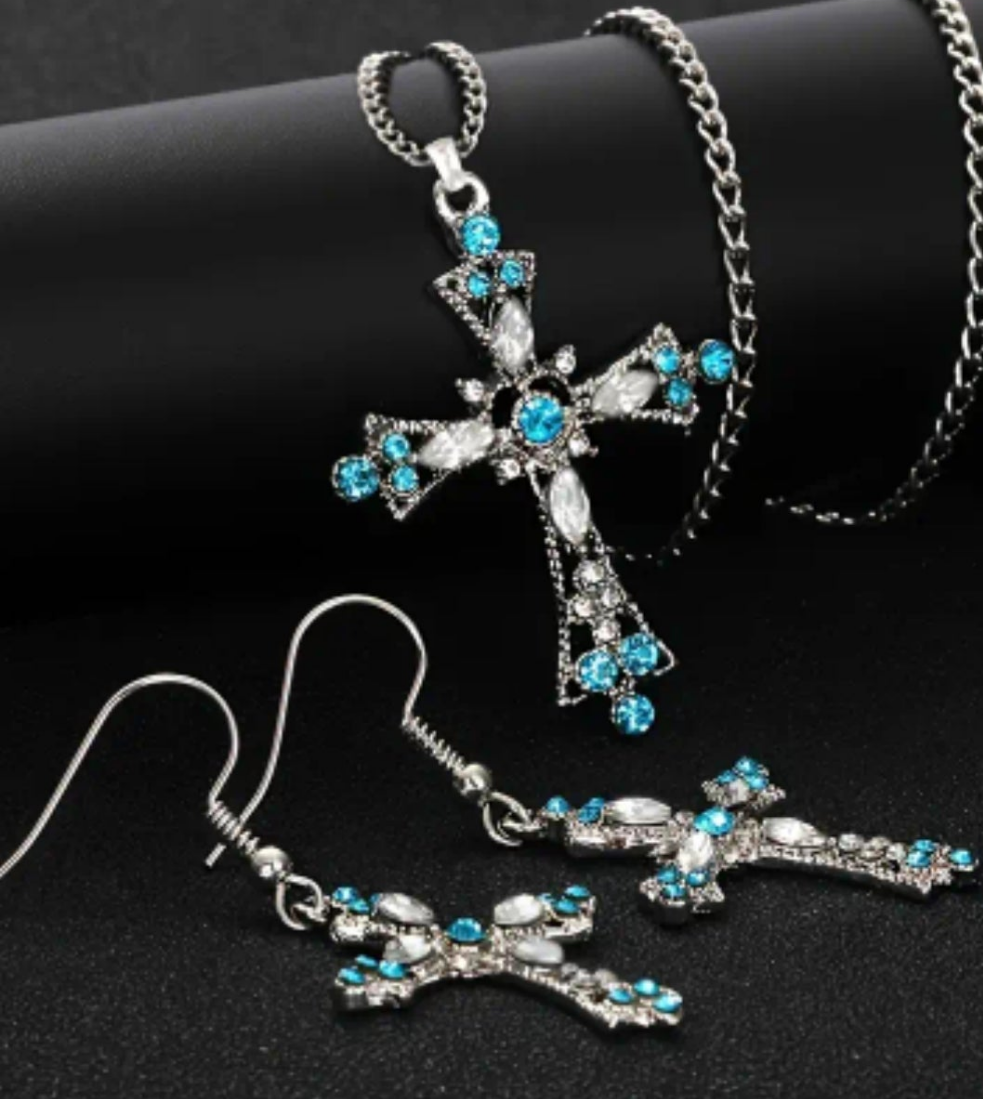 Dainty Cross Pendant on Chain with Earrings