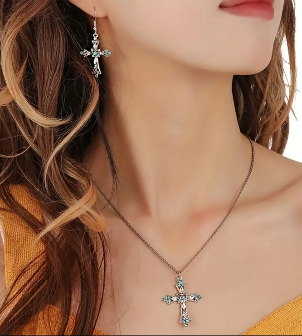 Dainty Cross Pendant on Chain with Earrings