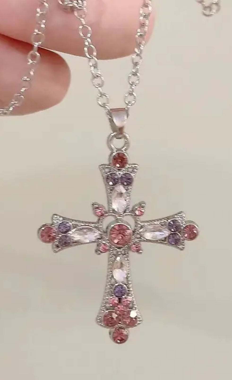 Pink and Silver Cross with Chain.
