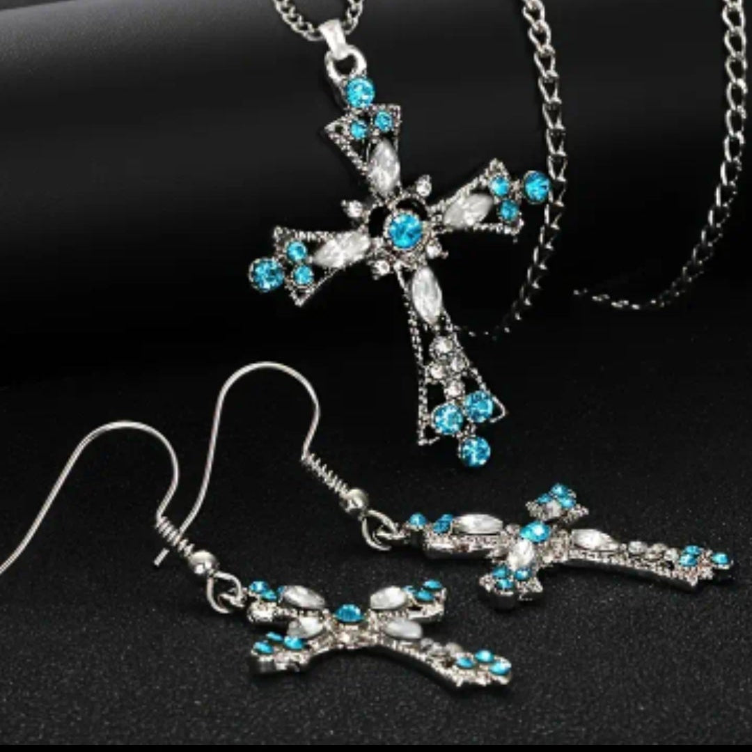 Dainty Cross Pendant on Chain with Earrings