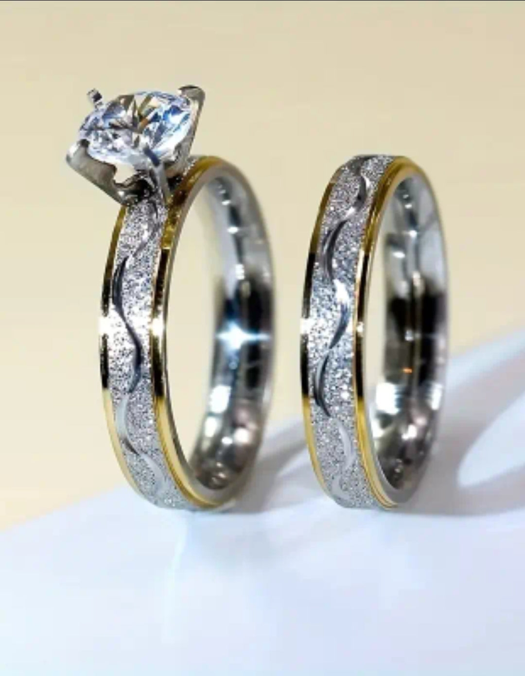 2pcs Set: Chic Titanium Steel Frosted Couple Rings with Golden Accents & Rhinestone - Fashionable Dual-Tone Design