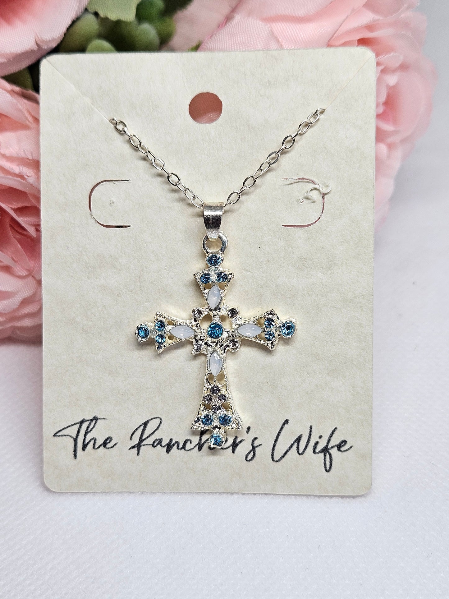 Blue and white Cross with 20" Chain