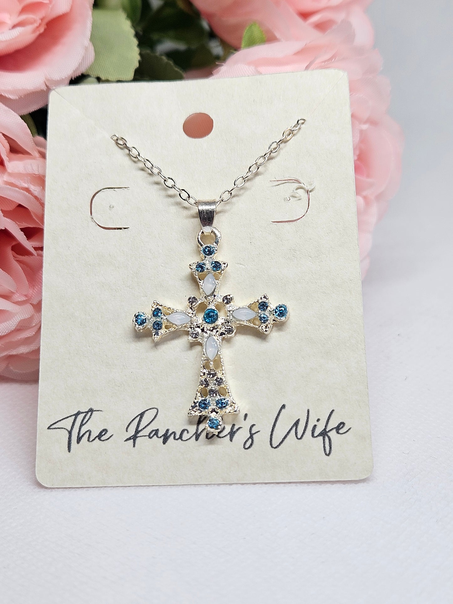Blue and white Cross with 20" Chain