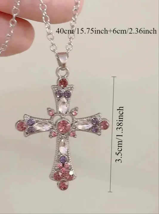 Pink and Silver Cross with Chain.
