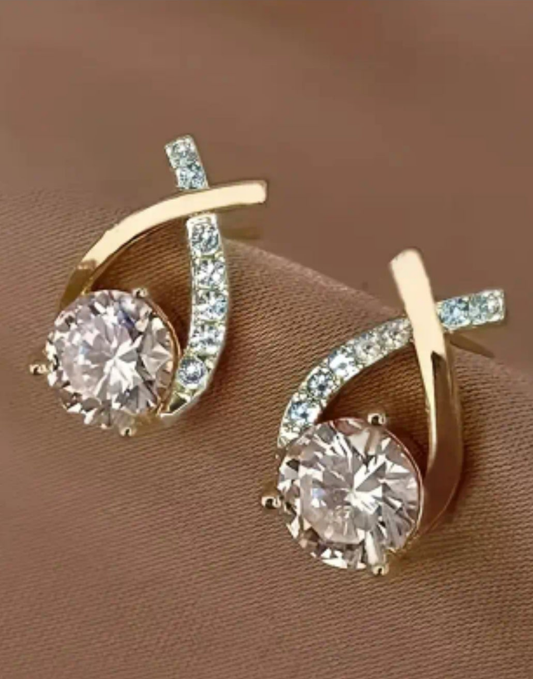 Pair of Elegant Golden-Tone Cross-Design Stud Earrings with Sparkling Cubic Zirconia