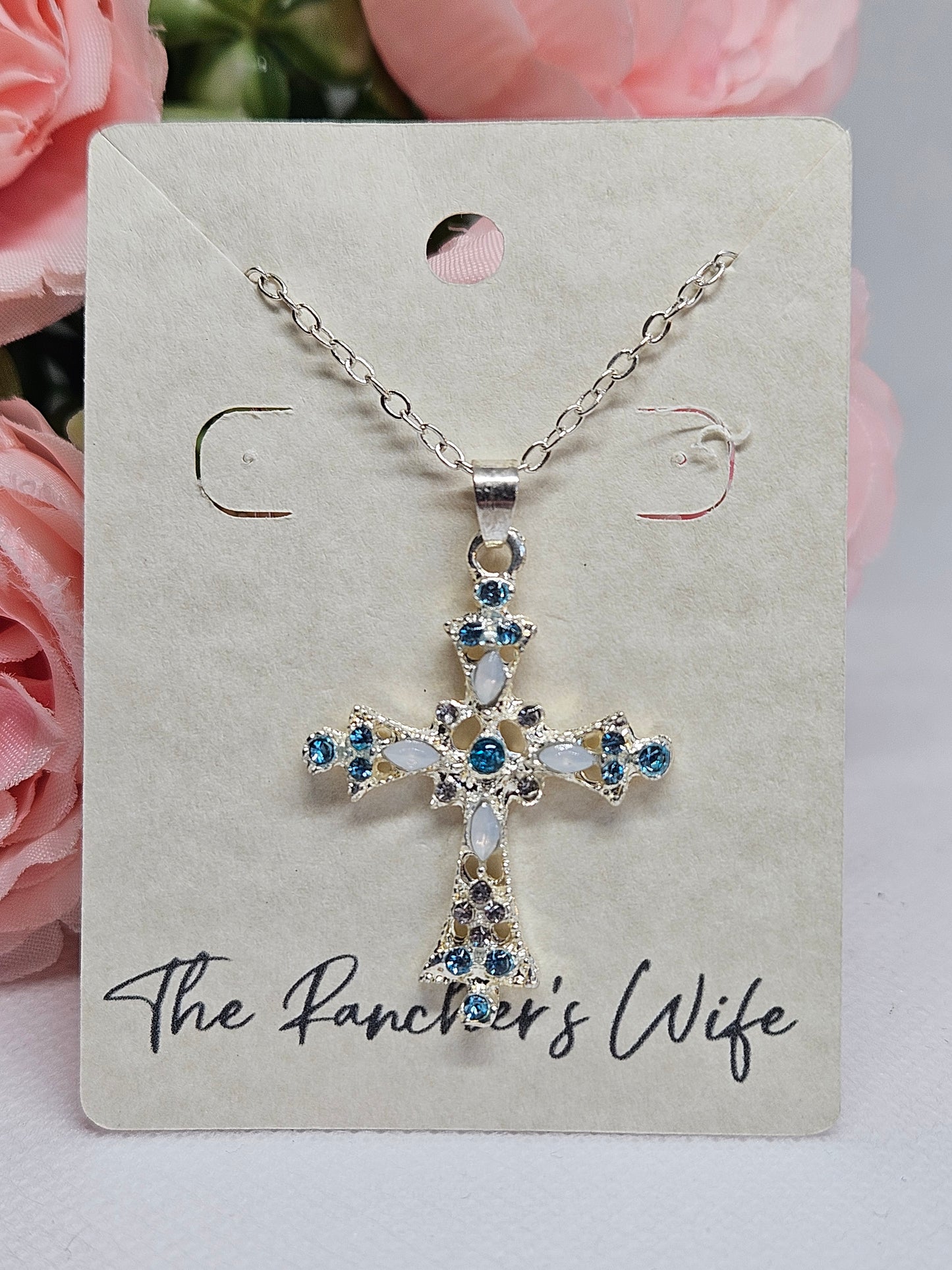 Blue and white Cross with 20" Chain
