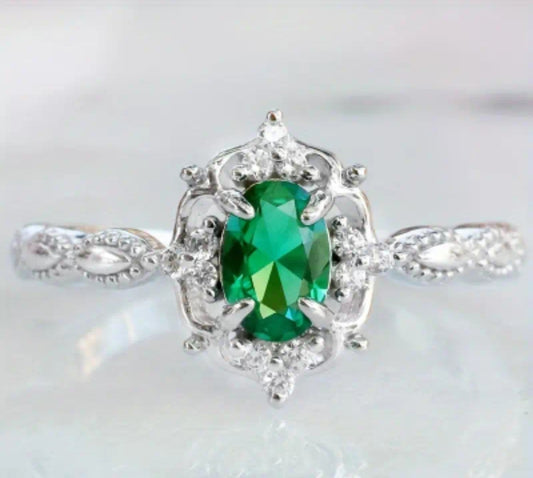 Elegant Promise Ring with Green Cubic Zirconia - Luxurious White Golden Plated Alloy, Perfect Engagement or Wedding Gift