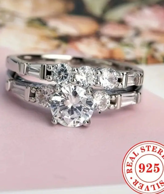 Set Of 2pcs Ladies' Rings, 4.4g S925 Sterling Silver Set With Zirconia, Women's Engagement Wedding Ring, Jewelry Proposal Gift