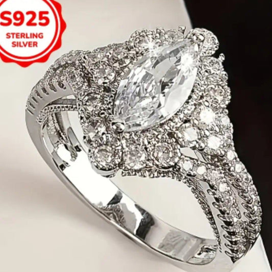 Elegant 925 Sterling Silver Engagement Ring with Sparkling Cubic Zirconia - Luxurious, Romantic Wedding Band for Women, Large, 5.4g