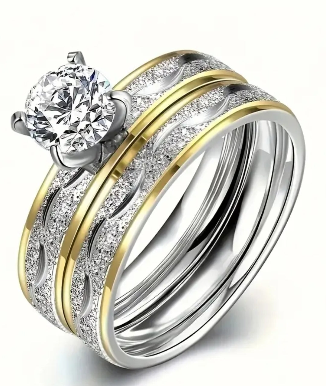 2pcs Set: Chic Titanium Steel Frosted Couple Rings with Golden Accents & Rhinestone - Fashionable Dual-Tone Design