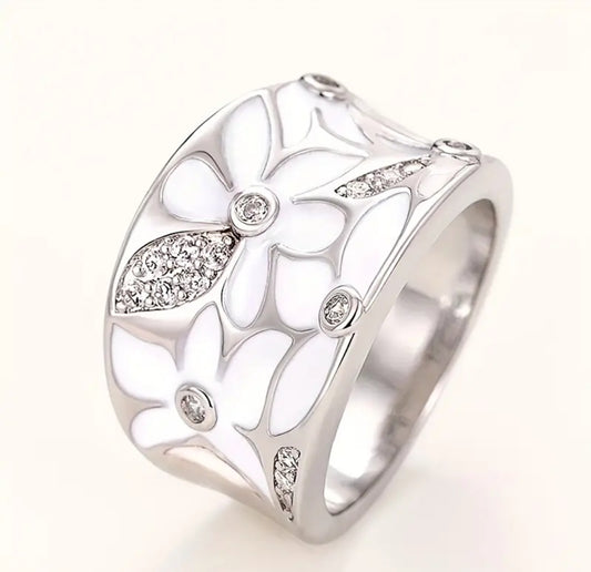 Chic and Lovely White Flower Wide Ring Bohemian Style Band Daily Fashion Clothing Accessory Ring