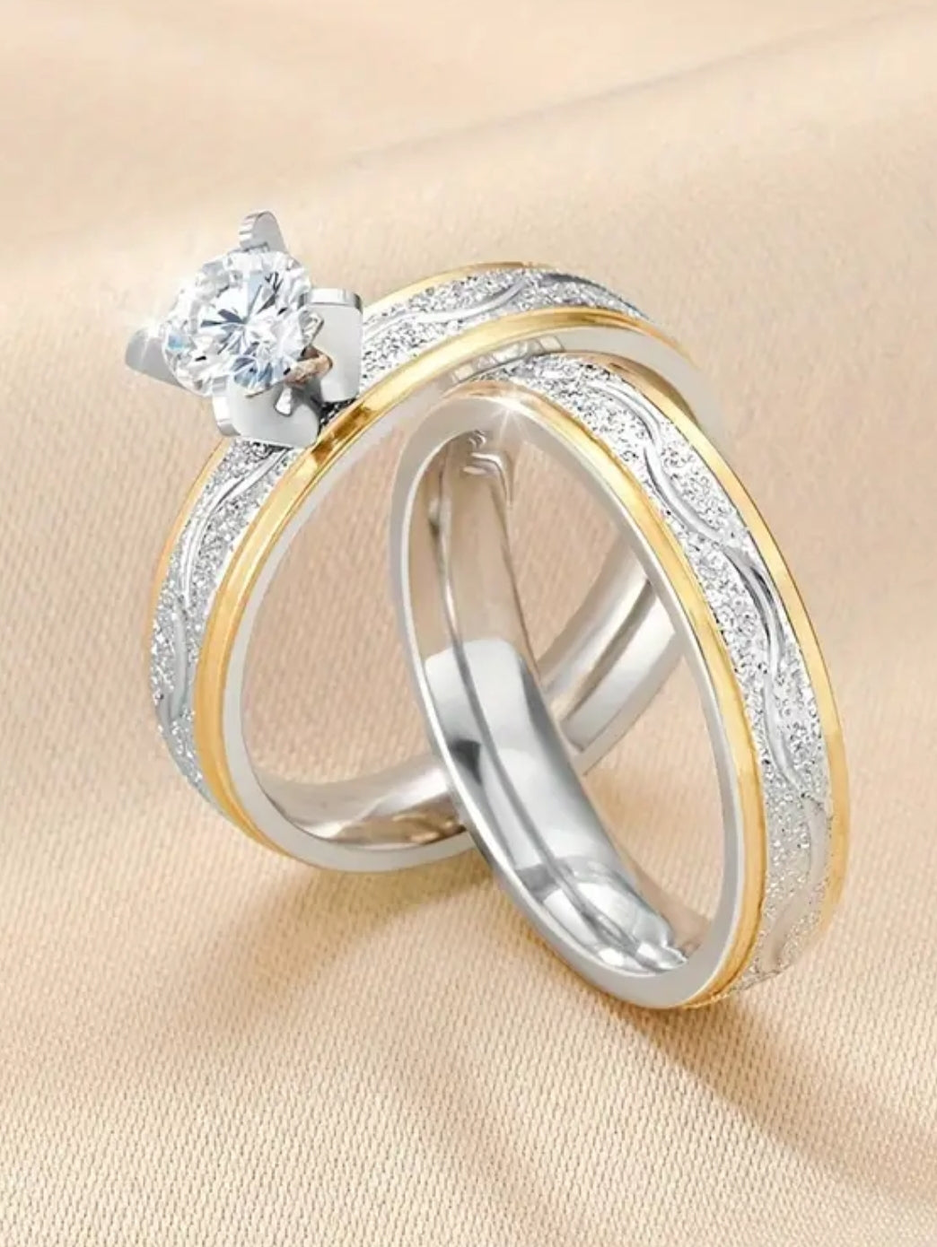 2pcs Set: Chic Titanium Steel Frosted Couple Rings with Golden Accents & Rhinestone - Fashionable Dual-Tone Design