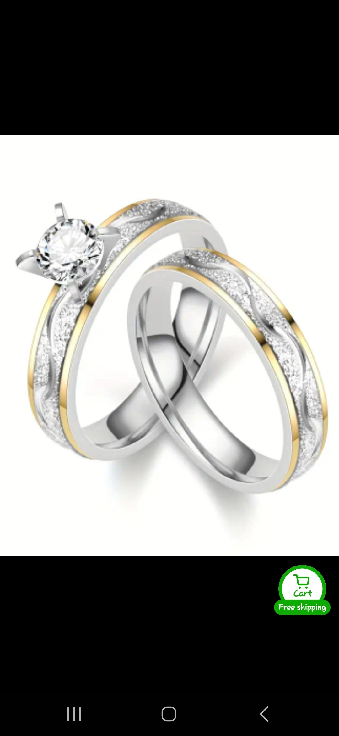 2pcs Set: Chic Titanium Steel Frosted Couple Rings with Golden Accents & Rhinestone - Fashionable Dual-Tone Design